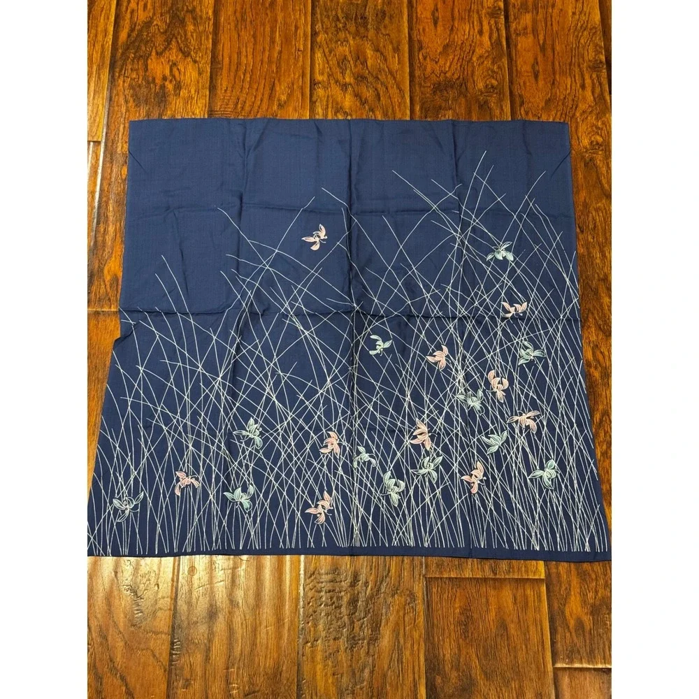 Vintage Japanese Blue Botanical Butterfly Scarf 28